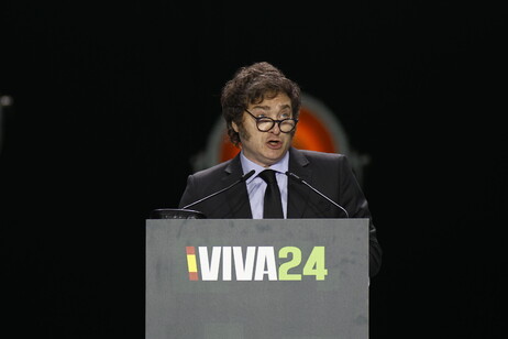 El presidente argentino Javier Milei en la convención de la derecha Europa Viva 24, en Madrid. ANSA