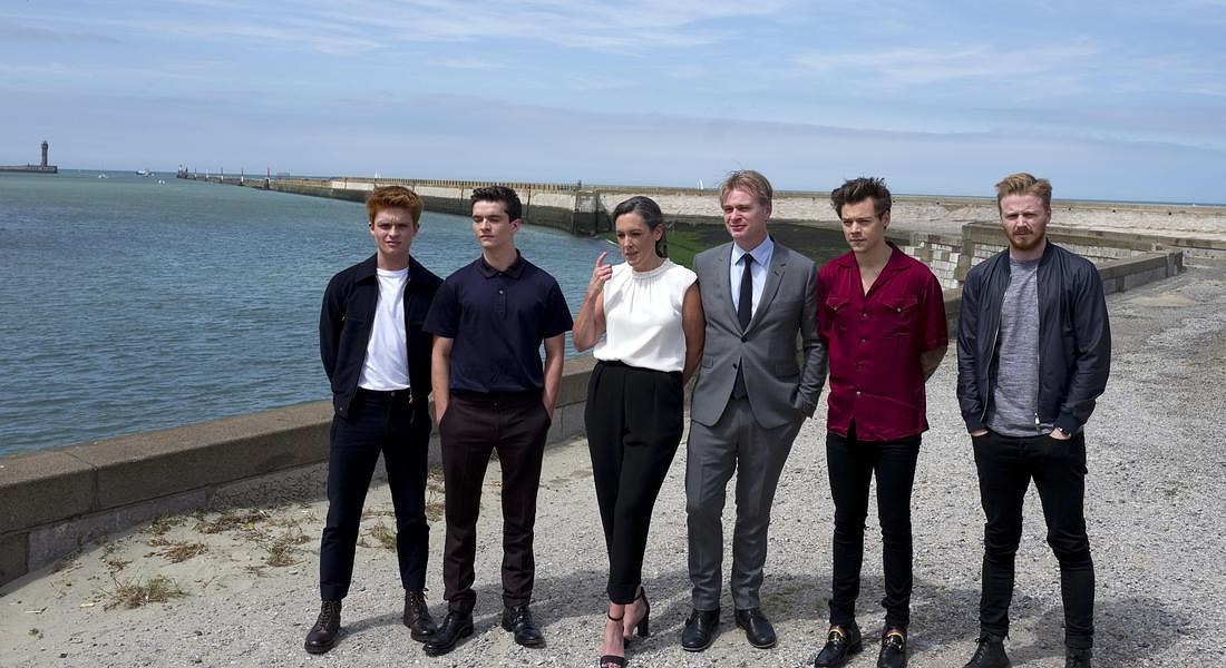 Tom Glynn-Carney, Fionn Whitehead, Emma Thomas, Director Christopher Nolan, Harry Styles and Jack Lowden pose for photographers in Dunkirk, northern France, Sunday. The film, tells the story of the Dunkirk evacuation © AP