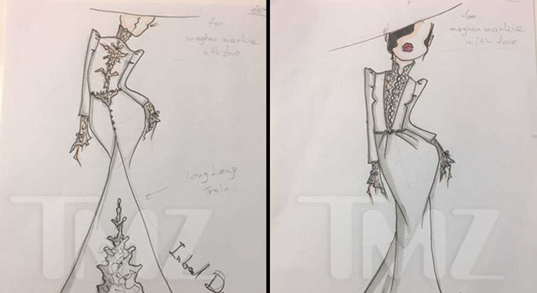 dal sito Tmz foto in esclusiva degli schizzi dell'abito che la stilista iraniana Inbal Dror starebbe realizzando per le nozze di Meghan Markle con il principe Harry © Ansa