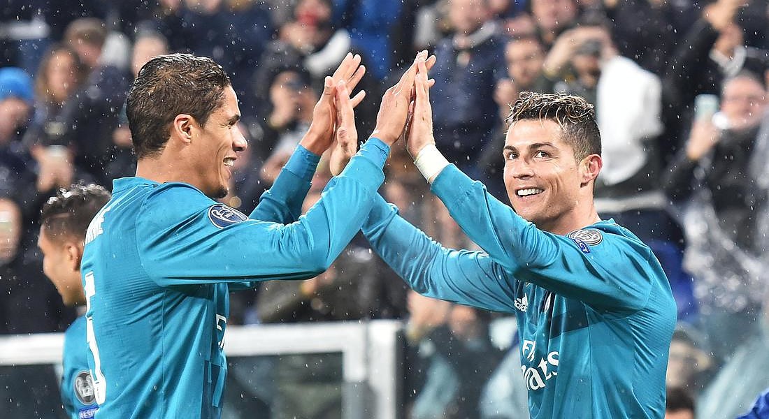 Champions League; Juventus-Real Madrid 3 aprile  Cristiano Ronaldo esulta con il compagno di squadra Raphael Varane © ANSA