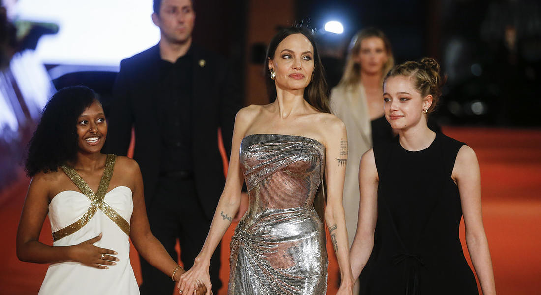 Zahara Marley Jolie-Pitt, Angelina Jolie and Shiloh Jolie-Pitt, pose on the red carpet for  �Eternals� at the 16th annual Rome International Film Festival, in Rome, © ANSA