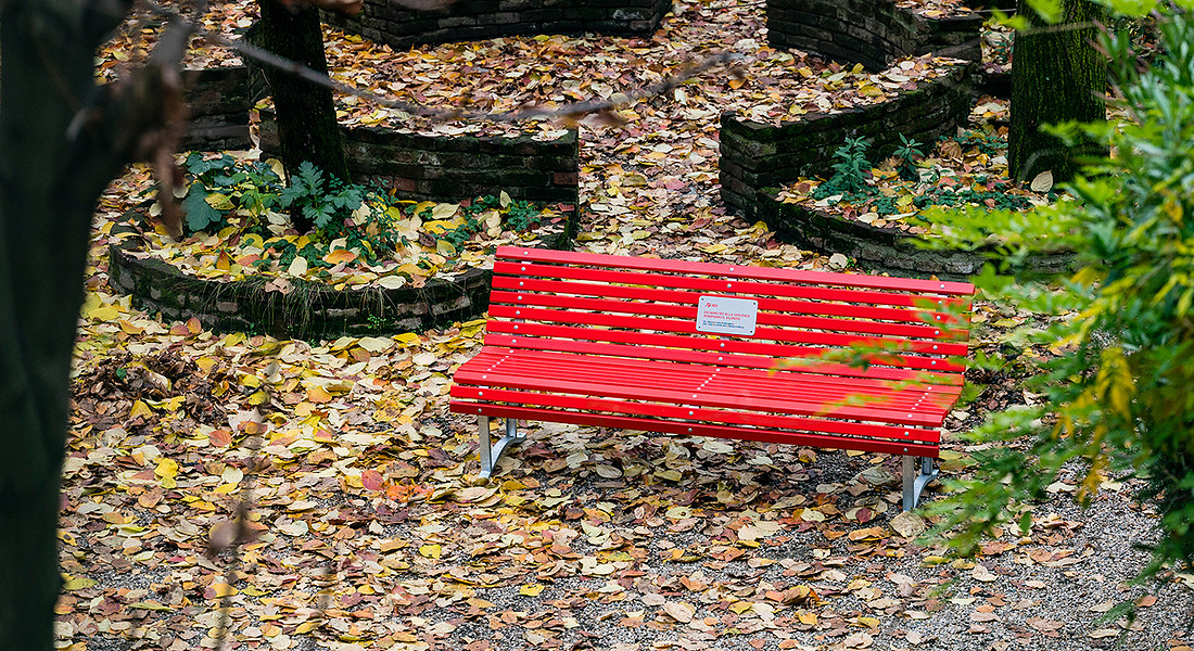 La panchina rossa, simbolo della lotta contro la violenza di genere, nelle 6 sedi Ied. Nella targa anche i due numeri d’emergenza, il 112 e il 1522 Ied Torino, foto di Andrea Guermani © Ansa