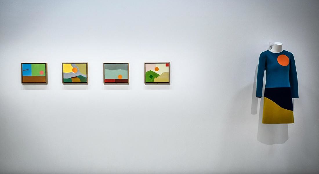a creation of late French designer Yves  Saint-Laurent displayed next paintings by Lebanese-American artist Etel Adnan at the Centre Pompidou  (National Modern Art Museum) as part of the exhibitions 