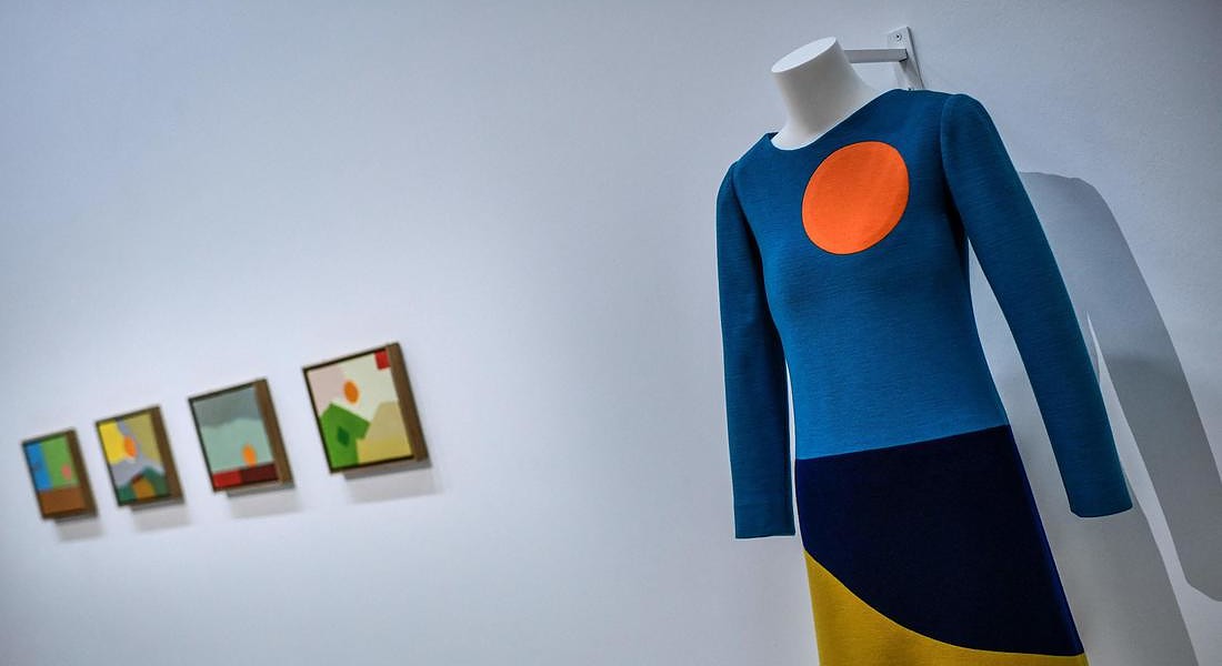 a creation of late French designer Yves  Saint-Laurent displayed next paintings by Lebanese-American artist Etel Adnan at the Centre Pompidou  (National Modern Art Museum) as part of the exhibitions 