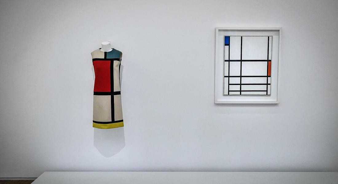 a creation of late French designer Yves  Saint-Laurent displayed next a painting by artist Piet Mondrian at the Centre Pompidou (National  Modern Art Museum) as part of the exhibitions 