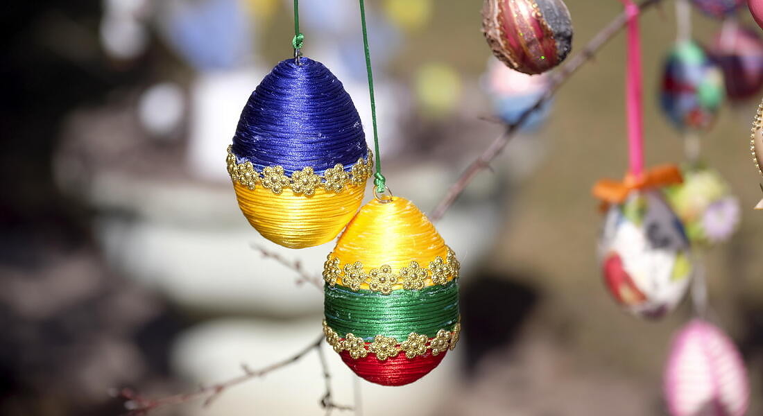 Multi-coloured Easter eggs hung on trees in Seduva, Lithuania © EPA