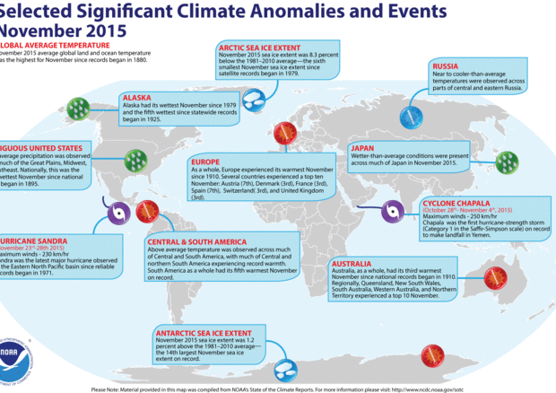 Anomalie ed eventi climatici significativi a novembre 2015 (Fonte: Noaa) © Ansa
