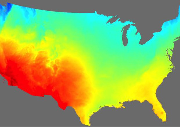 Una mappa basata su dati del Noaa che mostra il potenziale di energia solare negli Stati Uniti (credit: Chris Clack/CIRES) © Ansa