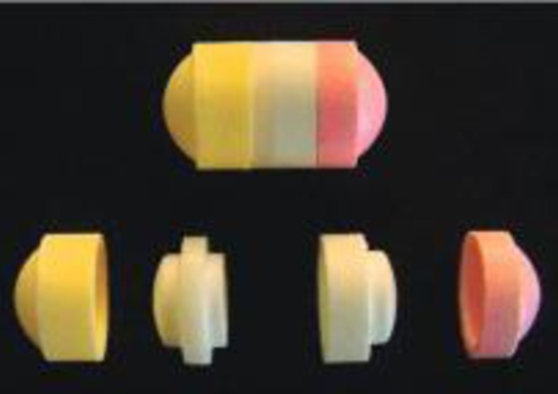 Una pillola Lego presentata a Cosmofarma che evoca la terapia con 4 farmaci messa a punto per ridurre il rischio di infarto © ANSA
