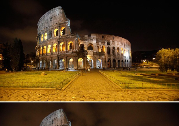 Il Colosseo prima e durante l'Ora della terra nell'edizione 2016 © ANSA