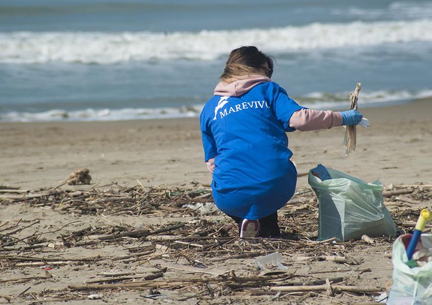 Un volontario raccoglie i rifiuti sulla spiaggia © ANSA