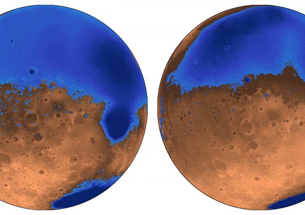 L'oceano primordiale conosciuto come Arabia (a sinistra, blu) si formò su Marte 4 miliardi di anni fa, a sinistra l'oceano di Deuteronilus, che si formò circa 3,6 miliardi di anni (fonte: Robert Citron images, UC Berkeley) © Ansa