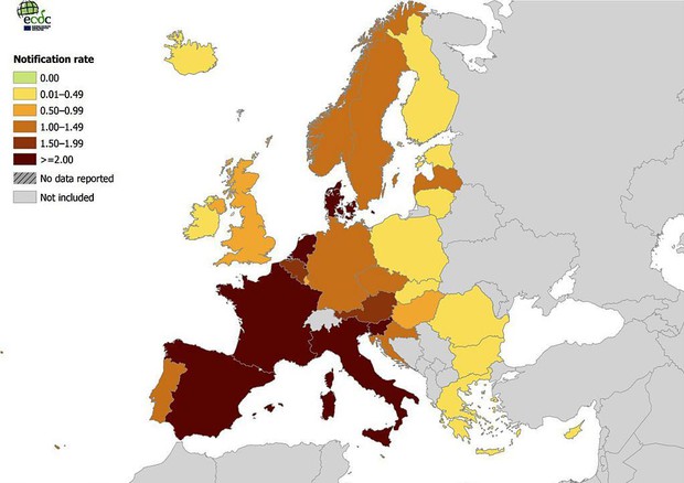 Mappa della legionella in Europa (Credit: rapporto Ecdc) © ANSA