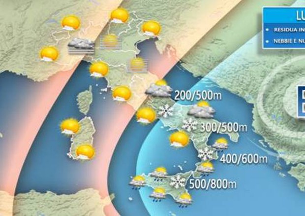 Previsioni meteo in Italia per lunedì 30 dicembre (fonte: 3B Meteo) © Ansa
