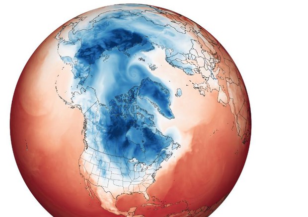 In azzurro l'aria fredda proveniente dall'Artico e avvolge gli Stati Uniti (fonte: NASA Earth Observatory, Joshua Stevens, GEOS-5 data ,Global Modeling and Assimilation Office) © Ansa