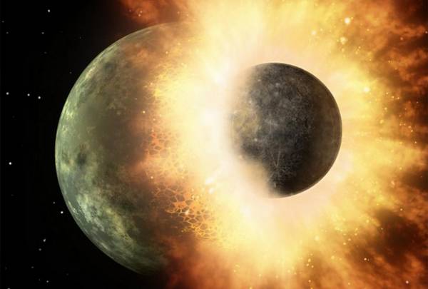 Ricostruzione artistica dell'impatto dal quale  nata la Luna (fonte: NASA/JPL-Caltech)