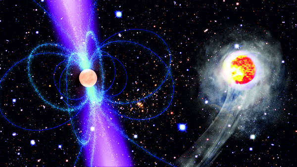 Rappresentazione artistica della pulsar superveloce (a sinistra), avvolta da un forte campo magnetico (in azzurro) e della sua compagna, costretta ad evaporare (fonte: NASA (pulsar)