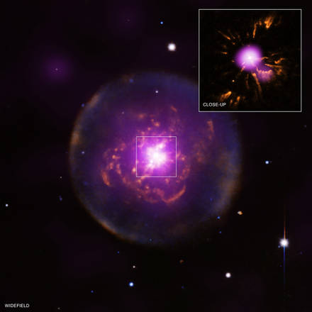 La stella Abell 30 che ha ripreso a brillare (Fonte: ESA/XMM-Newton; NSF/NOAO/KPNO; NASA/CXC/IAA-CSIC/M. Guerrero et al; NASA/STScI)