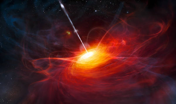 Rappresentazione artistica del quasar utilizzato come faro per illuminare la materia più antica dell’universo (Fonte:  European Southern Observatory/M. Kornmesser)
