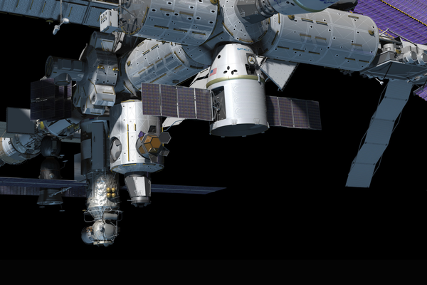 Rappresentazione grafica della capsula Dragon agganciata alla Stazione Spaziale (fonte: Space X)