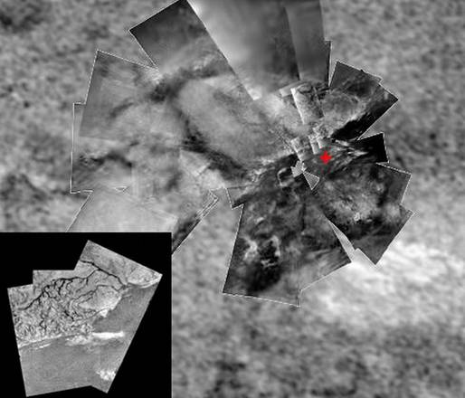 Mosaico di immagini del sito di atterraggio della sonda Huygens, vicino l'area in cui sono i laghi tropicali (fonte: ESA/NASA/JPL/University of Arizona/USGS)