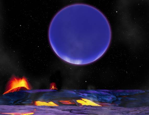 Rappresentazione artistica del pianeta gassoso Kepler-36c, visto dalla superficie del pianeta roccioso Kepler-36b (fonte: David Aguilar, Harvard-Smithsonian Center for Astrophysics)