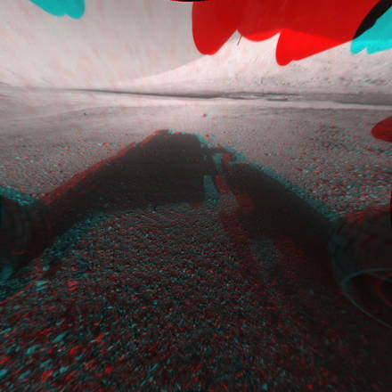 Immagine in 3D, visibile sullo sfondo il Monte Sharp (fonte: NASA/JPL-Caltech)