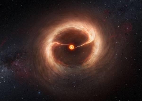 Rappresentazione artistica del disco di polveri e gas che circonda la stella HD 142527, con i flussi di gas che alimentano la stella (fonte: ALMA-ESO/NAOJ/NRAO)/M. Kornmesser-ESO)  