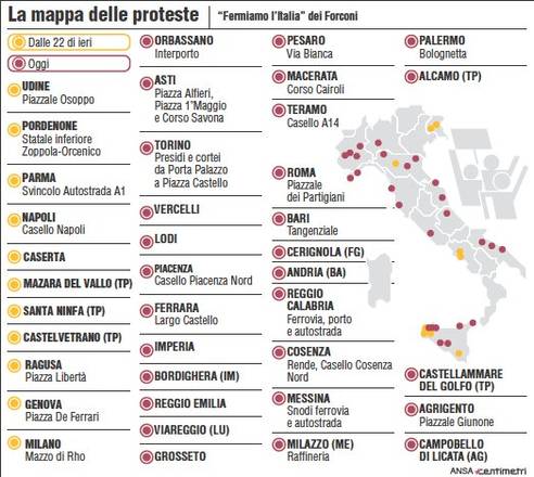 La mappa delle proteste dei Forconi