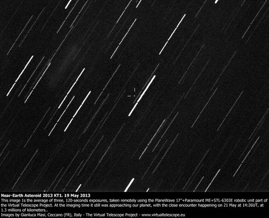 Il passaggio dell'asteroide 2013 KT1, fotografato da Gianluca Masi, del Virtual Telescope, il 19 maggio (fonte: Gianluca Masi, Virtual Telescope)     