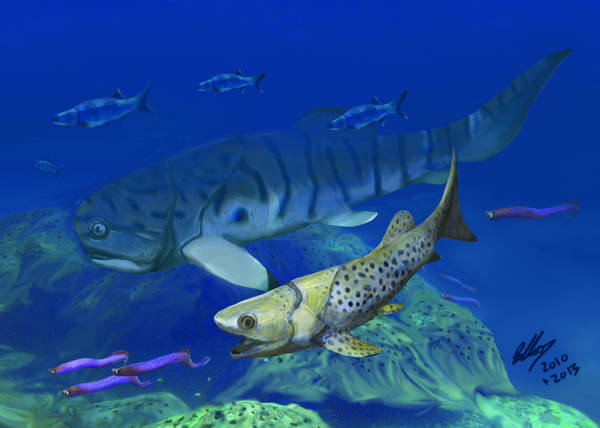 Ricostruzione artistica degli oceani del Devoniano, dominati dai palcordermi (fonte: Brian Choo) 