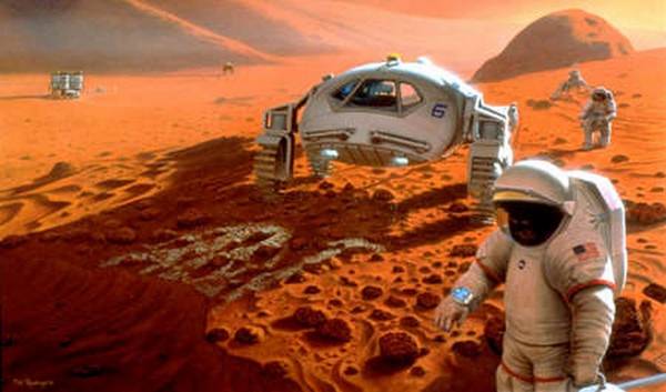 Rappresentazione artistica di una futura missione umana su Marte (fonte: NASA, Pat Rawlings/SAIC)