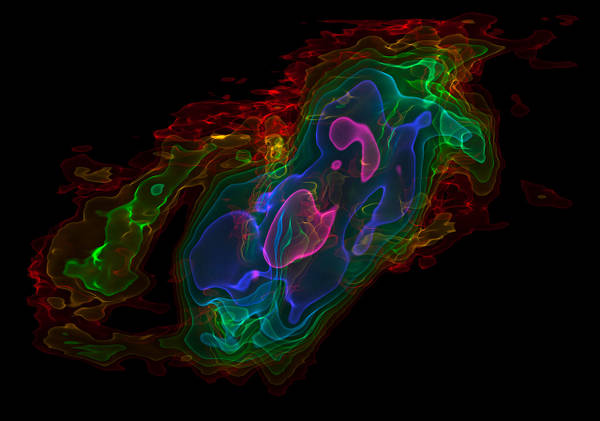 Rappresentazione tridimensionale del deflusso di gas dalla galassia NGC 253 (fonte: ESO)