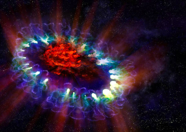 Rappresentazione artistica della Supernova 1987A. In rosso le zone interne e fredde del resto della stella esplosa, blu e bianco indicano l'onda d'urto della supernova in collisione con gli strati di gas esplusi dalla stella prima della potente detonazion