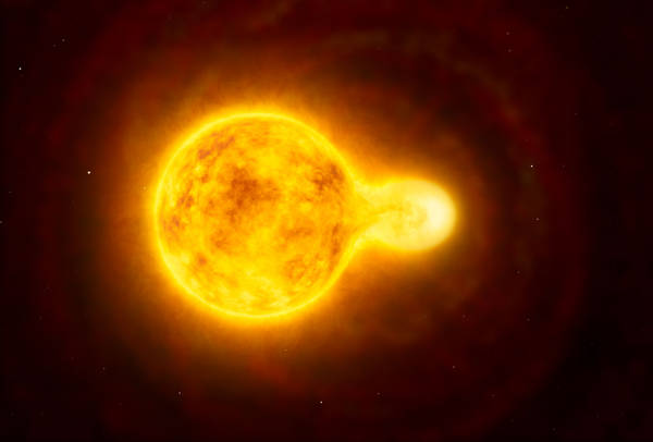 Rappresentazione artistica della stella ipergigante gialla HR5171A con la sua compagna (fonte: ESO)