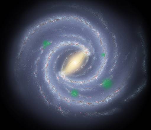 Rappresentazione artistica delle 'oasi' della vita (in verde) disseminate nella galassia (fonte: NASA/JPL/R. Hurt)