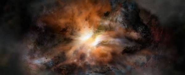 Rappresentazione artistica della galassia W2246-0526 (fonte: NRAO/AUI/NSF; Dana Berry / SkyWorks; ALMA (ESO/NAOJ/NRAO)