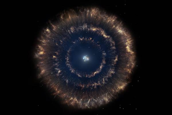 Rappresentazione artistica della matrioska cosmica. I tre dischi concentrici sono stati prodotti dall'esplosione di una supernova (fonte: Gabriel Pérez/SMM, IAC)