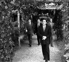 25 settembre 1986 - Silvio Berlusconi arriva a Milanello con Ariedo Braida, Adriano Galliani e Cesare Cadeo © ANSA