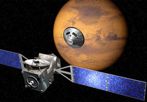 Rappresentazione artistica della separazione del lander Schiaparelli che scende verso la superficie di Marte, dopo la separazione dall'orbiter Tgo, nella missione ExoMars (fonte: ESA/ATG medialab) (ANSA)