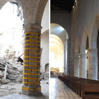Nella combo: a sinistra l'interno della Basilica di Collemaggio a L'Aquila nel 2009 dopo il  terremoto e a destra oggi dopo la ricostruzione. Cesare Martucci - Enrica Di Battista/ANSA