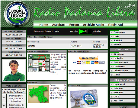 La pagina web del sito di Radio Padania in una foto d'archivio © ANSA 