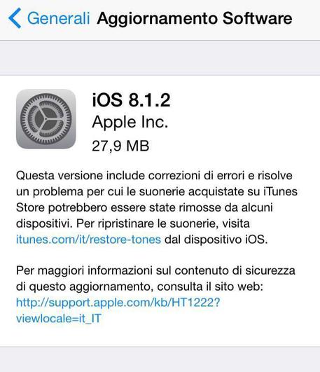 Apple, iOS 8.1.2 © ANSA