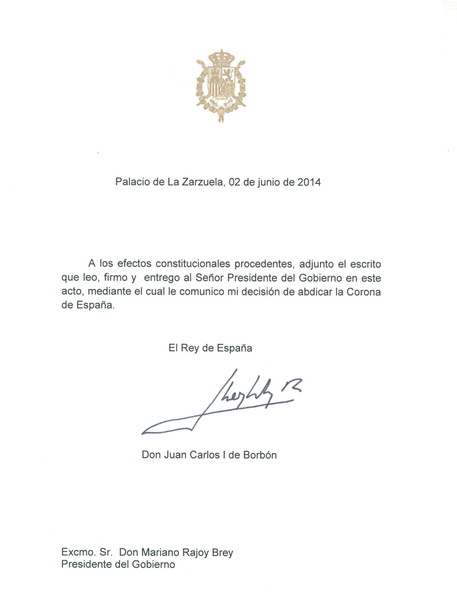 Le lettera con cui Re Juan Carlos ha abdicato in favore del figlio © Ansa