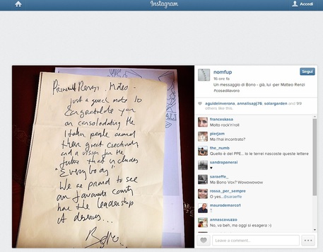 La lettera di Bono a Renzi © Ansa