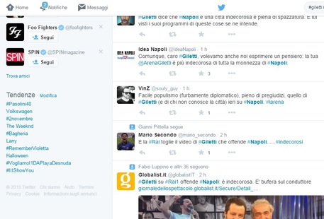 Una pagine twitter con gli hashtag su Giletti e Napoli © Ansa