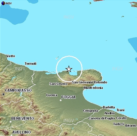 La piantina dell'Ingv con la zona interessata dal terremoto sul Gargano del 27 luglio 2011. Interessata la stessa aerea © ANSA 