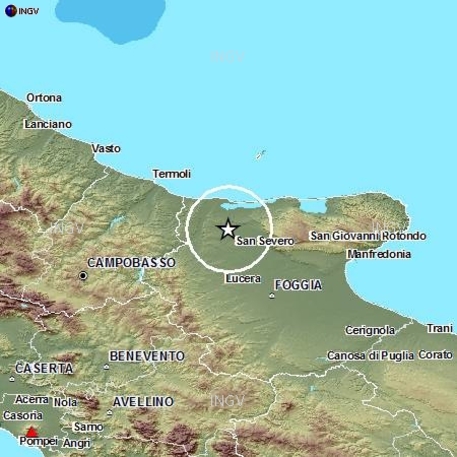 La piantina dell'Ingv con la zona interessata dal terremoto sul Gargano del 27 luglio 2011. Interessata la stessa aerea © ANSA