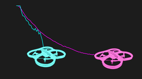 Droni con due traiettorie di atterraggio, determinate da due diverse percezioni delle distanze (fonte: Robohub) © Ansa