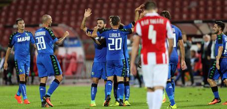 I giocatori del Sassuolo festeggiano il gol del vantaggio di Berardi © EPA